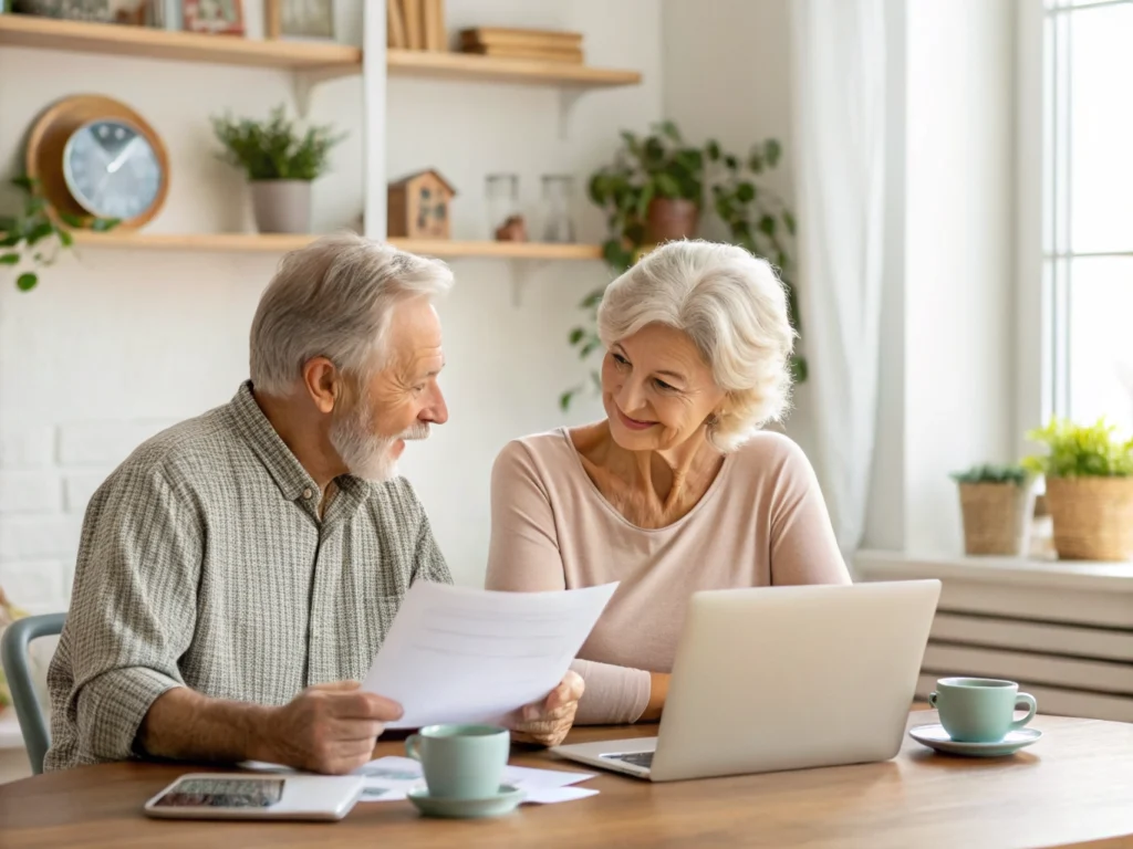 Older couple reviewing reverse mortgage options and home equity documents at home