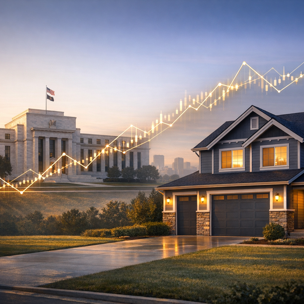 Federal Reserve policy, financial market chart, and a home illustrating the 2026 mortgage rate outlook