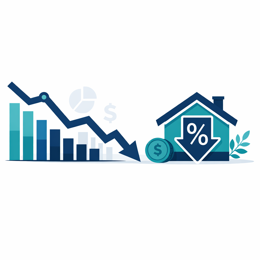 Flat-design navy and teal infographic banner showing a downward mortgage rate trend