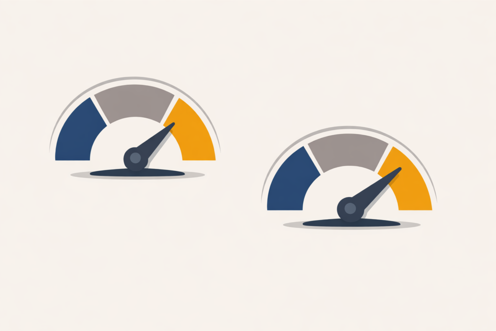 Two credit score gauges side by side, one reading higher than the other, illustrating a comparison between two mortgage credit scoring models