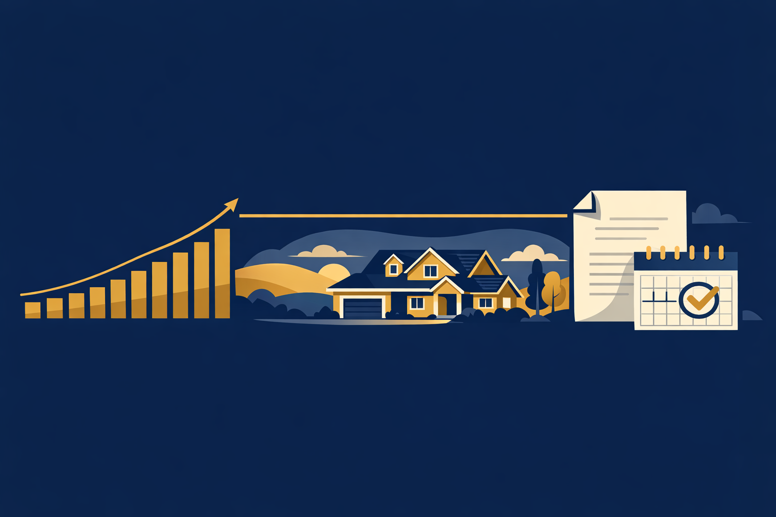 Illustration of an ARM reset notice and rising payment schedule next to a house