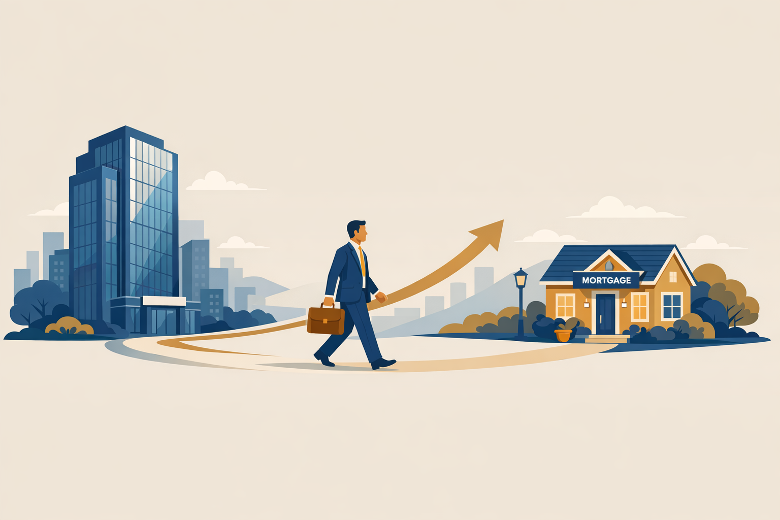 Loan officers walking from a large retail bank building toward an independent mortgage broker office, representing the wholesale channel migration